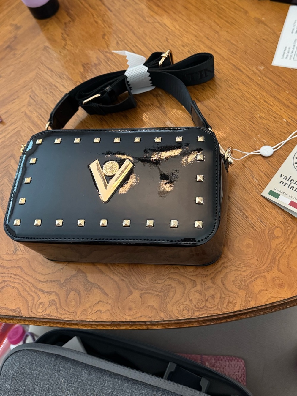 Valentino Orlandi Black Patent Leather Camera Bag Crossbody with Gold Studs NWT